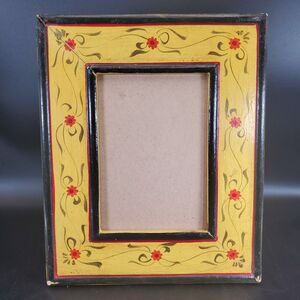 Folk Art Floral Wood Picture Frame Yellow Hand Painted
